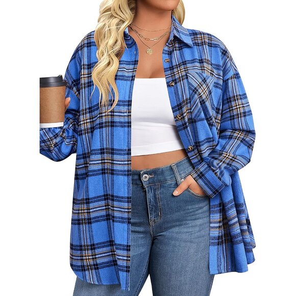 Women Plus Size Flannel Plaid Shirt Long Sleeve Casual Button Down Top - Picture 1 of 3